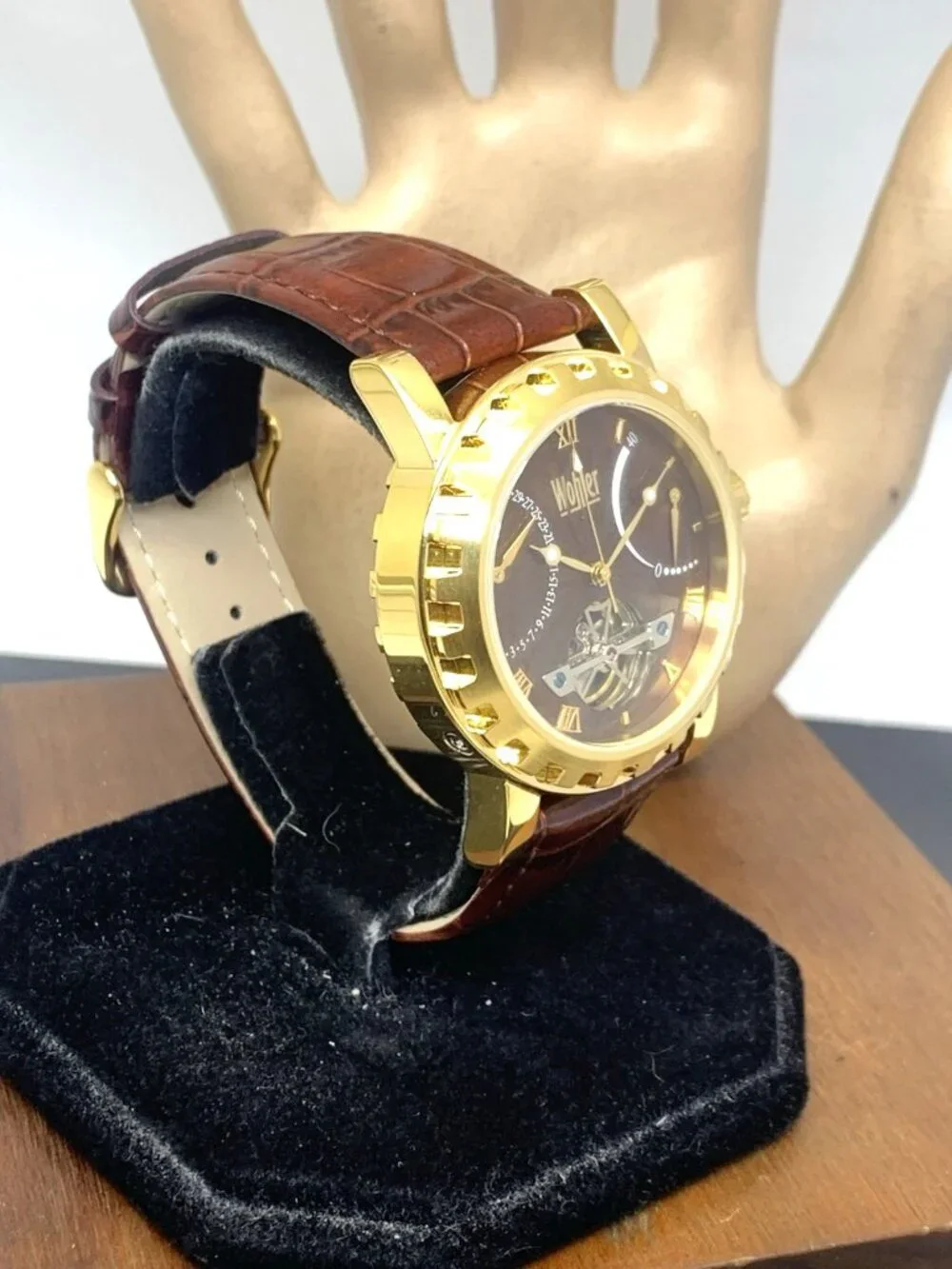 Wohler Men's Watch Automatic Gold Tone Case Brown Dial Leather Strap 42mm